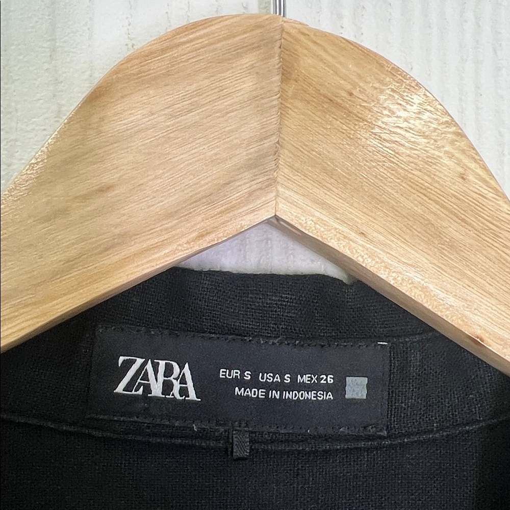 Zara - Black Linen Blend Short Sleeve Golden Button Belted Maxi Dress Size Small - Picture 9 of 10